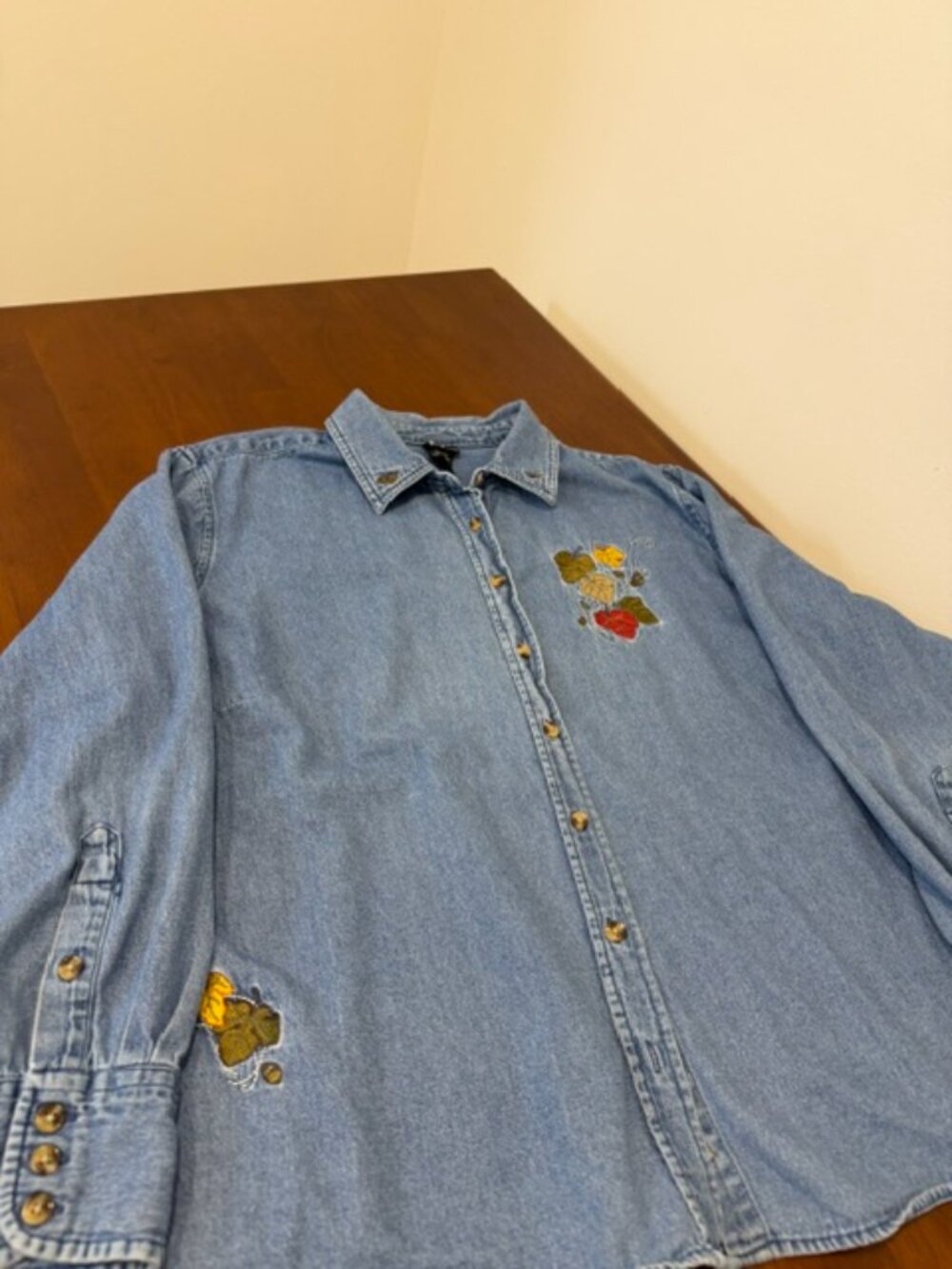 Vintage 90s Fall Leaves Embroidered Cotton Button Down Shirt Blue 2X - Picture 2 of 16
